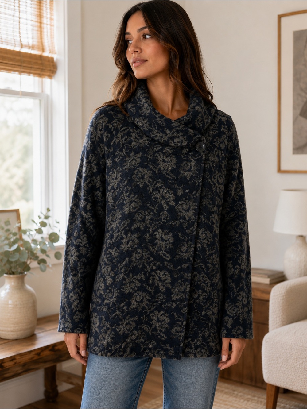 Ellen Tracy Floral Knit Sweater Jacket 2X Cowl Neck Button Cardigan